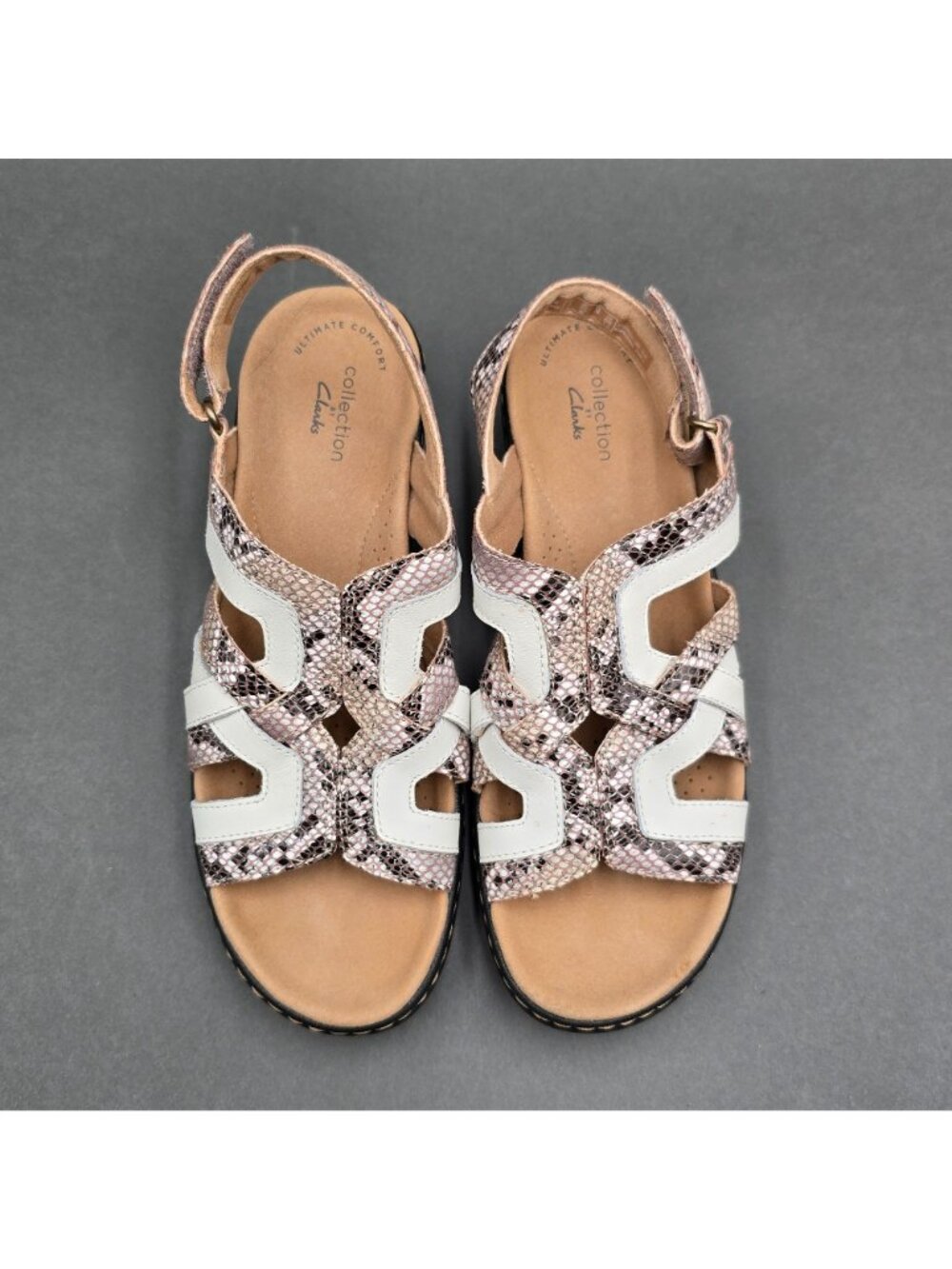 Clarks Merliah Lilac Snakeskin Wedge Sandals Size 7.5 White Leather - Picture 2 of 11